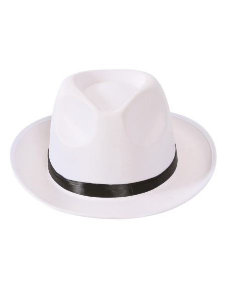 Cappello gangster bianco in raso con fascia nera indossato da donna per costume anni 20