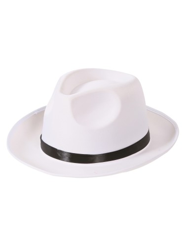 Cappello gangster bianco in raso con fascia nera indossato da donna per costume anni 20