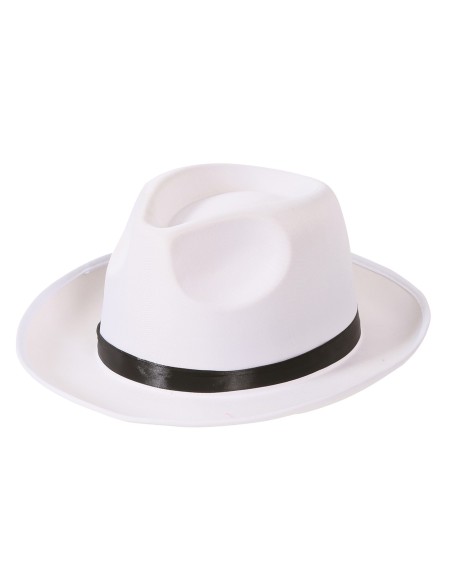 Cappello gangster bianco in raso con fascia nera indossato da donna per costume anni 20