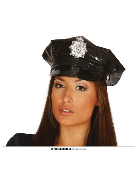 Cappello poliziotto nero in vinile con placca argentata per costume carnevale halloween