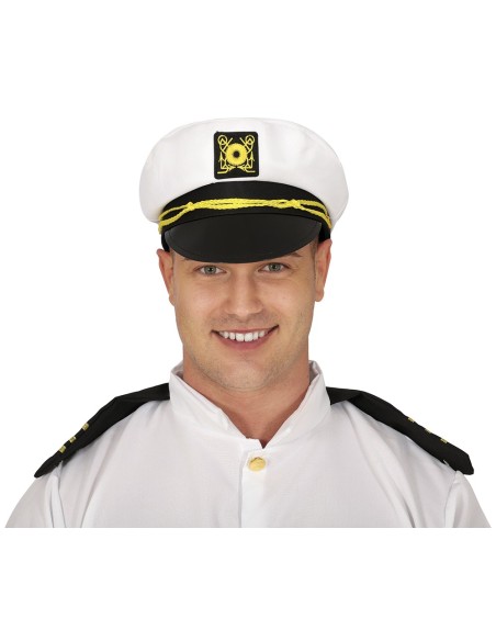 Cappello da capitano bianco con visiera nera e stemma dorato per costume nautico