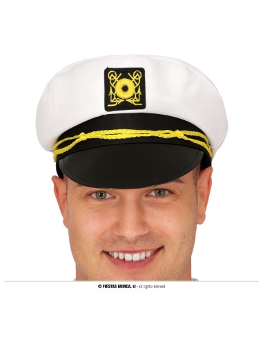 Cappello da capitano bianco con visiera nera e stemma dorato per costume nautico