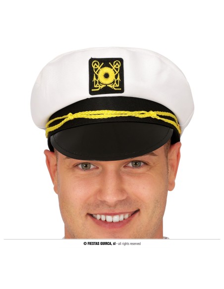 Cappello da capitano bianco con visiera nera e stemma dorato per costume nautico