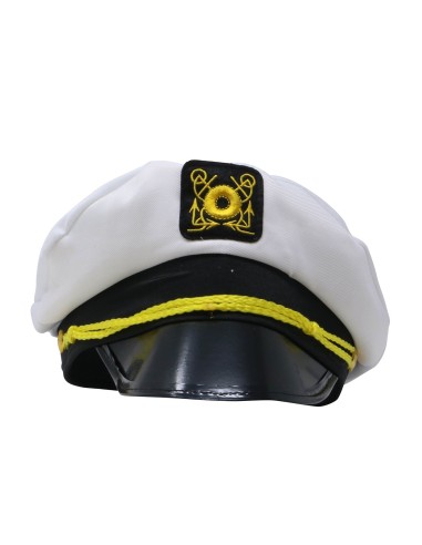 Cappello da capitano bianco con visiera nera e stemma dorato per costume nautico