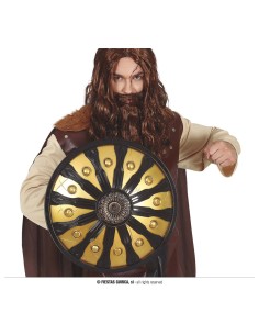 Scudo spartano rotondo 45cm con decorazioni dorate su fondo nero per costume guerriero antico