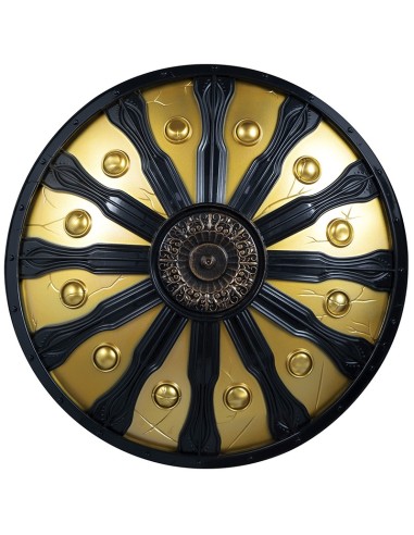 Scudo spartano rotondo 45cm con decorazioni dorate su fondo nero per costume guerriero antico