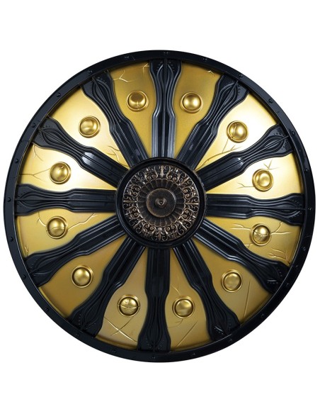 Scudo spartano rotondo 45cm con decorazioni dorate su fondo nero per costume guerriero antico