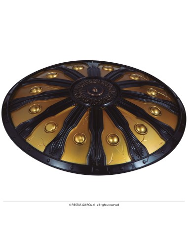 Scudo spartano rotondo 45cm con decorazioni dorate su fondo nero per costume guerriero antico
