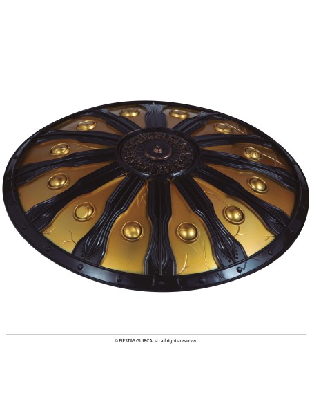 Scudo spartano rotondo 45cm con decorazioni dorate su fondo nero per costume guerriero antico