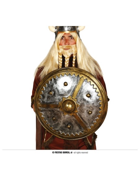Scudo vichingo 61 cm con decorazioni metalliche tenuto da guerriero con elmo cornuto e barba bionda