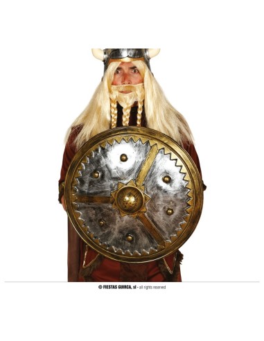 Scudo vichingo 61 cm con decorazioni metalliche tenuto da guerriero con elmo cornuto e barba bionda
