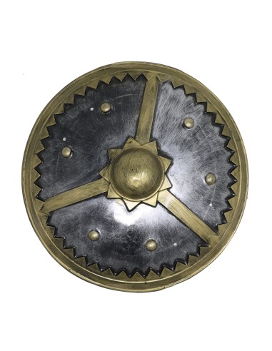 Scudo vichingo 61 cm con decorazioni metalliche tenuto da guerriero con elmo cornuto e barba bionda