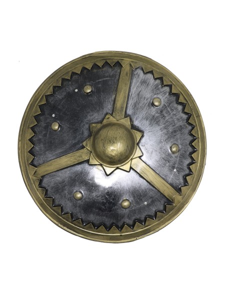 Scudo vichingo 61 cm con decorazioni metalliche tenuto da guerriero con elmo cornuto e barba bionda