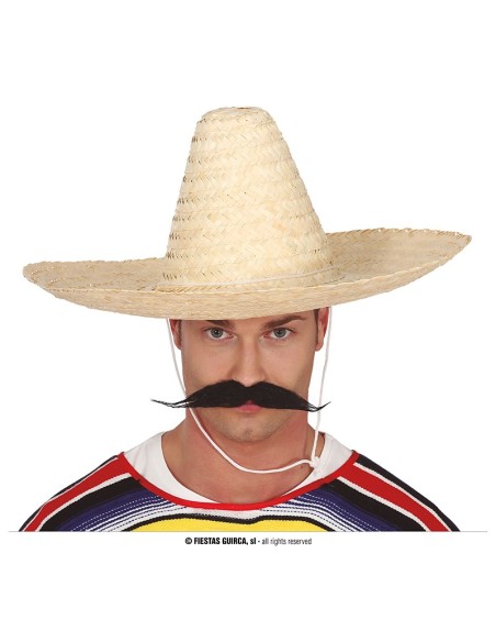 Sombrero messicano color paglia naturale con tesa larga e lacci per costume western