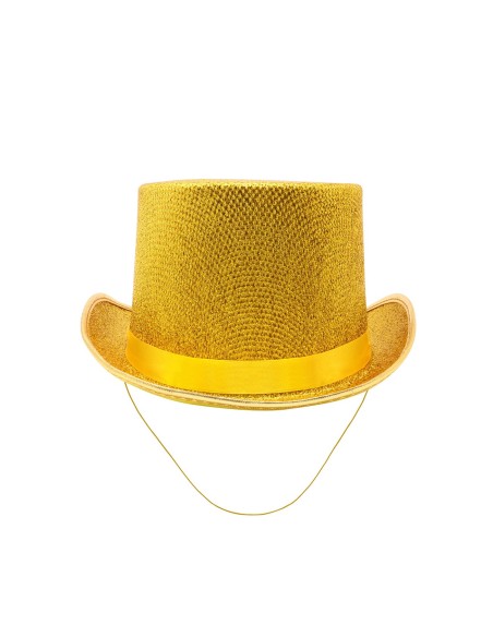 Cappello a cilindro dorato in lurex brillante indossato da donna per feste eleganti