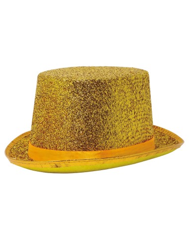 Cappello a cilindro dorato in lurex brillante indossato da donna per feste eleganti