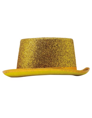 Cappello a cilindro dorato in lurex brillante indossato da donna per feste eleganti
