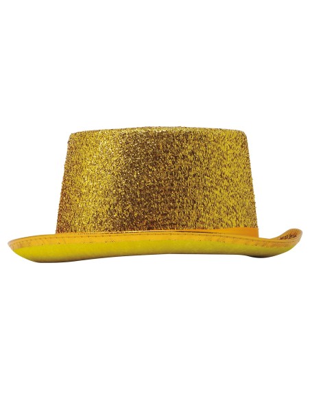 Cappello a cilindro dorato in lurex brillante indossato da donna per feste eleganti