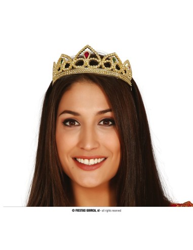Coroncina regina dorata con gemme rosse e decorazioni elaborate per feste in costume