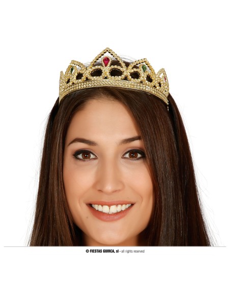 Coroncina regina dorata con gemme rosse e decorazioni elaborate per feste in costume