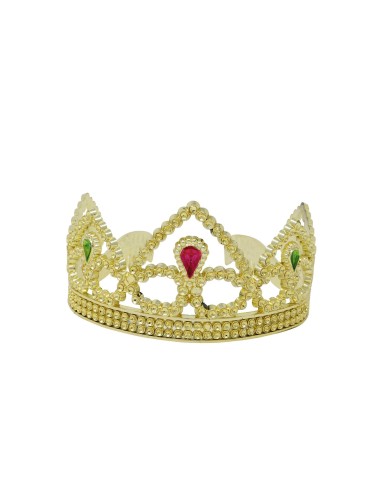 Coroncina regina dorata con gemme rosse e decorazioni elaborate per feste in costume