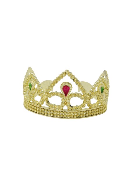 Coroncina regina dorata con gemme rosse e decorazioni elaborate per feste in costume