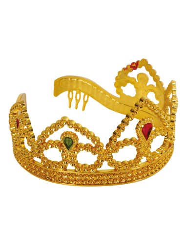 Coroncina regina dorata con gemme rosse e decorazioni elaborate per feste in costume