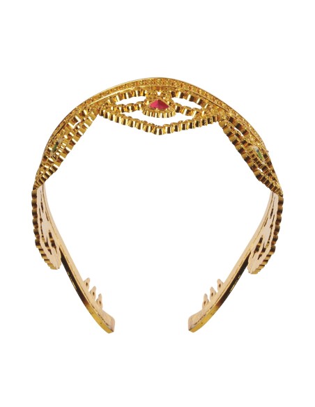 Coroncina regina dorata con gemme rosse e decorazioni elaborate per feste in costume