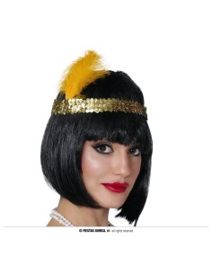 Fascia Charleston dorata con paillettes oro e piuma gialla per costume anni 20 flapper girl