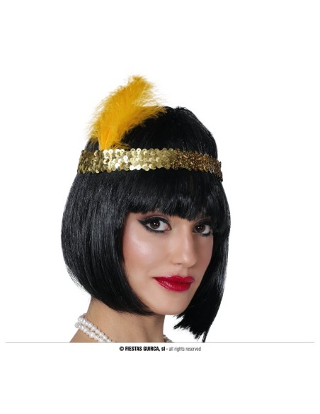 Fascia Charleston dorata con paillettes oro e piuma gialla per costume anni 20 flapper girl