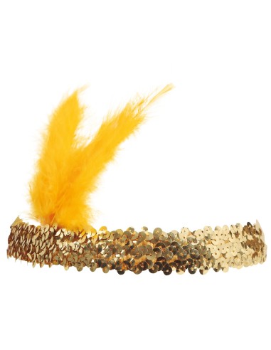 Fascia Charleston dorata con paillettes oro e piuma gialla per costume anni 20 flapper girl