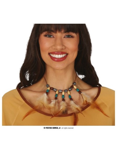 Collana indiana con piume e perline turchesi e nere per costumi etnici e travestimenti western