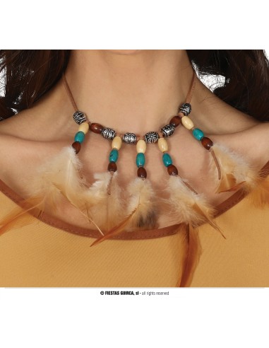Collana indiana con piume e perline turchesi e nere per costumi etnici e travestimenti western