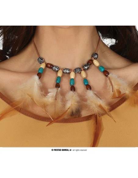 Collana indiana con piume e perline turchesi e nere per costumi etnici e travestimenti western