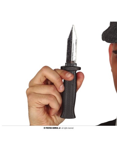 Pugnale rientrante da 19 cm con lama che si ritrae nel manico nero per scherzi e travestimenti