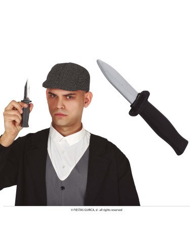 Pugnale rientrante da 19 cm con lama che si ritrae nel manico nero per scherzi e travestimenti