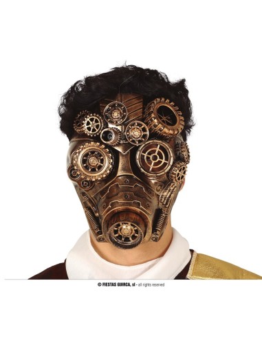 Maschera antigas steampunk bronzo con ingranaggi dorati e dettagli meccanici per costume Halloween
