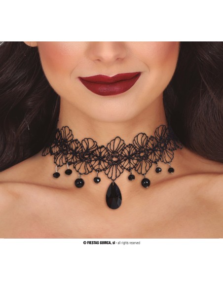 Girocollo gotico nero con pietra pendente e perline, accessorio per Halloween e feste a tema dark
