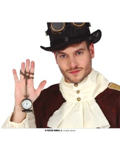 Uomo con orologio da taschino e catena, costume vittoriano steampunk con cappello e occhiali 2