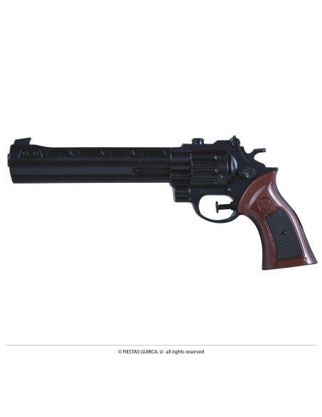 Pistola Colt revolver replica Western nera con calcio legno marrone per costume cowboy