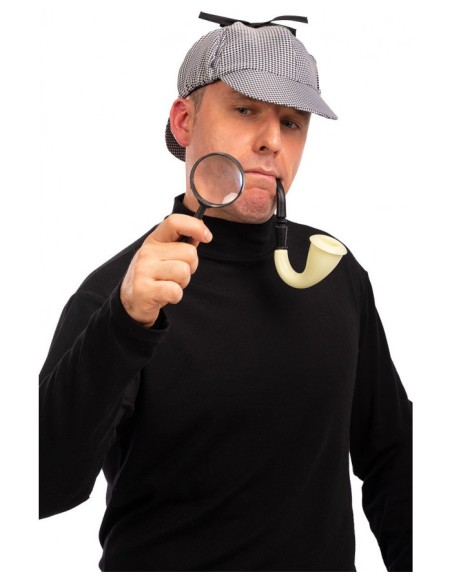 Set investigatore con cappello a scacchi, lente di ingrandimento e pipa su cartoncino per costume detective