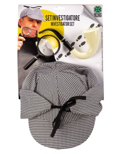 Set investigatore con cappello a scacchi, lente di ingrandimento e pipa su cartoncino per costume detective 2