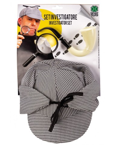 Set investigatore con cappello a scacchi, lente di ingrandimento e pipa su cartoncino per costume detective
