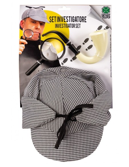 Set investigatore con cappello a scacchi, lente di ingrandimento e pipa su cartoncino per costume detective