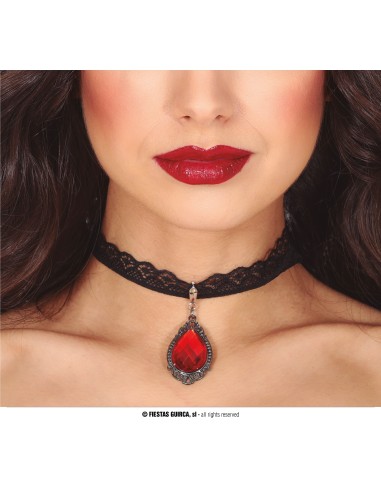 Collana choker gotica nera in pizzo con pendente rubino rosso a goccia per costume Halloween vampira