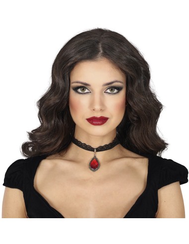 Collana choker gotica nera in pizzo con pendente rubino rosso a goccia per costume Halloween vampira