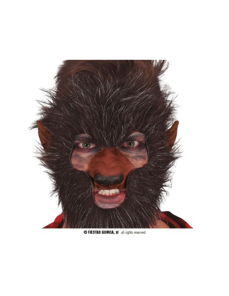 Set faccia pelosa da lupo mannaro con barba e baffi folti marroni per costume Halloween