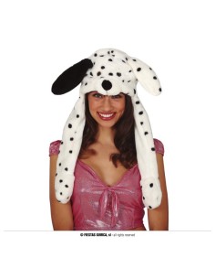Cappello dalmata bianco con macchie nere e movimento, donna sorridente con accessorio per feste a tema