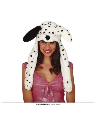 Cappello dalmata bianco con macchie nere e movimento, donna sorridente con accessorio per feste a tema
