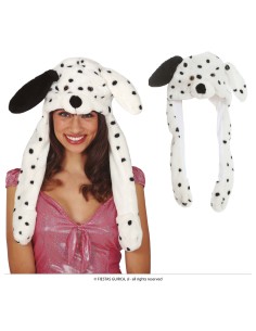 Cappello dalmata bianco con macchie nere e movimento, donna sorridente con accessorio per feste a tema 2